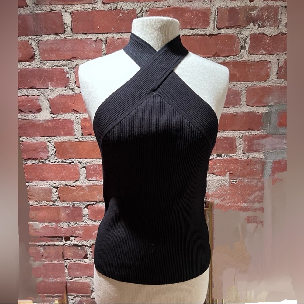 Etcetera Haven Ribbed Black Halter Top With Criss Cross Straps Size Small